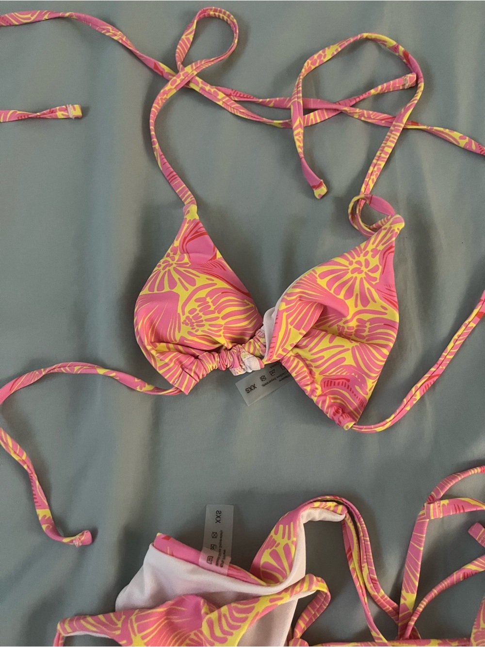 SHEIN Pink and Yellow Floral Triangle Bikini Set